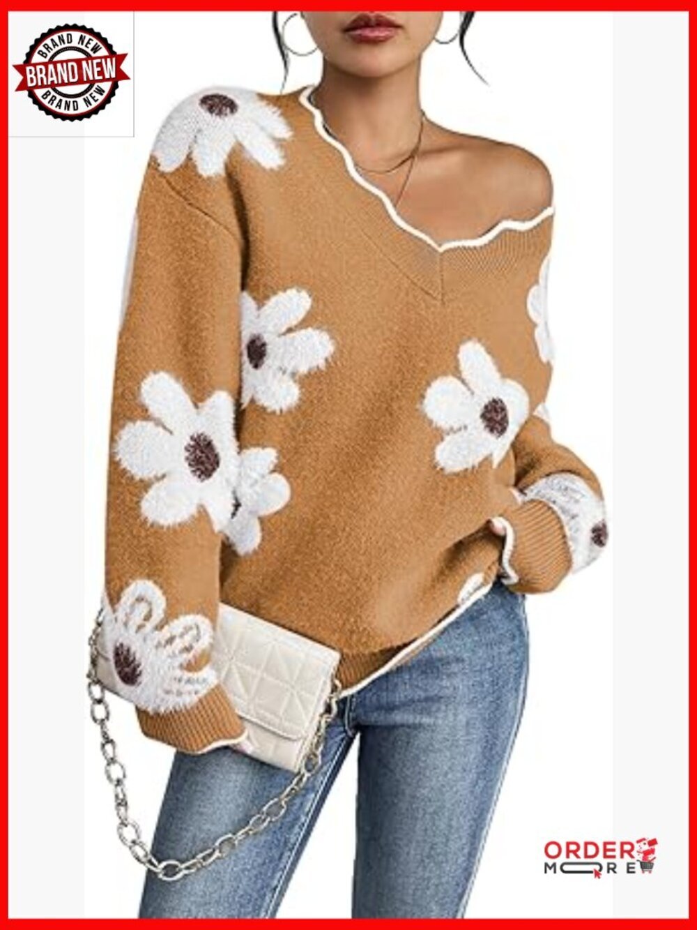 Women's Oversized V Neck Fuzzy Chunky Knit Pullover Sweater